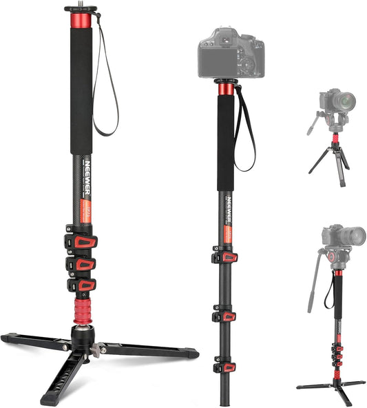 Camera Monopod – Eenpootstatief – Monopod Statief – Camerastandaard – Reisstatief – Uitschuifbaar 72-182 Cm – Afneembare Basis Met 90° Kanteling – Koolstofvezel, Tot 6 Kg Draagvermogen