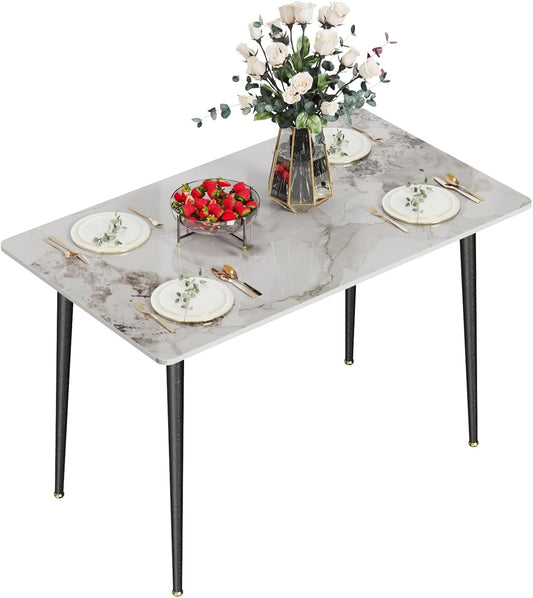 FATIVO Eettafel, rechthoekig, keukentafel, marmer, 120 cm, smaragd, wit, voor 4 stoelen, Scandinavische eettafel, 120 x 70 x 76 cm, met metalen tafelpoten, voor eetkamer en keuken