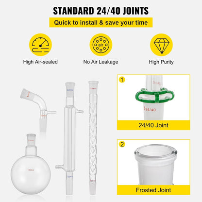 Laboratoriumglasset – Laboratoriumglaswerk – Destillatieset – Glaswerkset – Labapparatuur – 32-Delig – 3,3 Borosilicaatglas – 24/40 Slijpverbindingen & Tot 600 °C