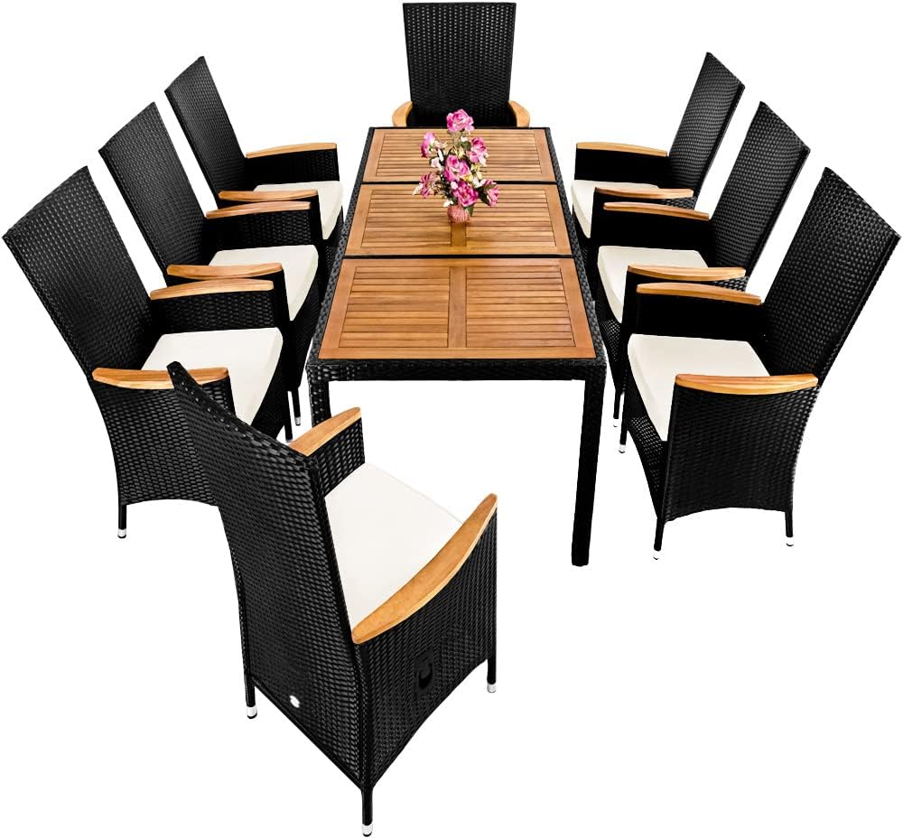 Casaria Polyrattan Garden Set Acacia 8 Chairs incl. 7cm Cushions Adjustable Backrest 190x90cm Garden Table Weatherproof Garden Chair Lounge Set - QUORE