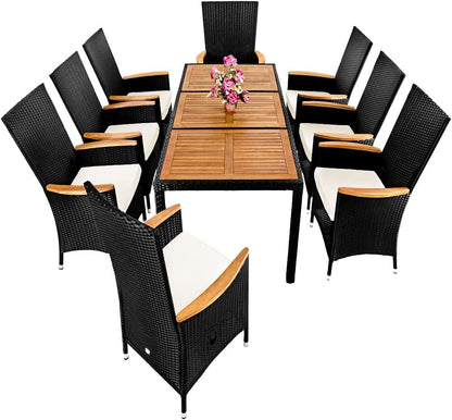 Casaria Polyrattan Garden Set Acacia 8 Chairs incl. 7cm Cushions Adjustable Backrest 190x90cm Garden Table Weatherproof Garden Chair Lounge Set - QUORE