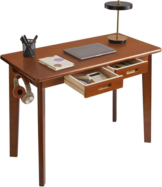 Massief Houten Bureau, Schrijfbureau, Kleine Kantoortafel met Laden, 39x20x30inch Computerbureau met Opslag en Hangstang voor Thuiskantoor, Rustiek Bruin YD-WD01H