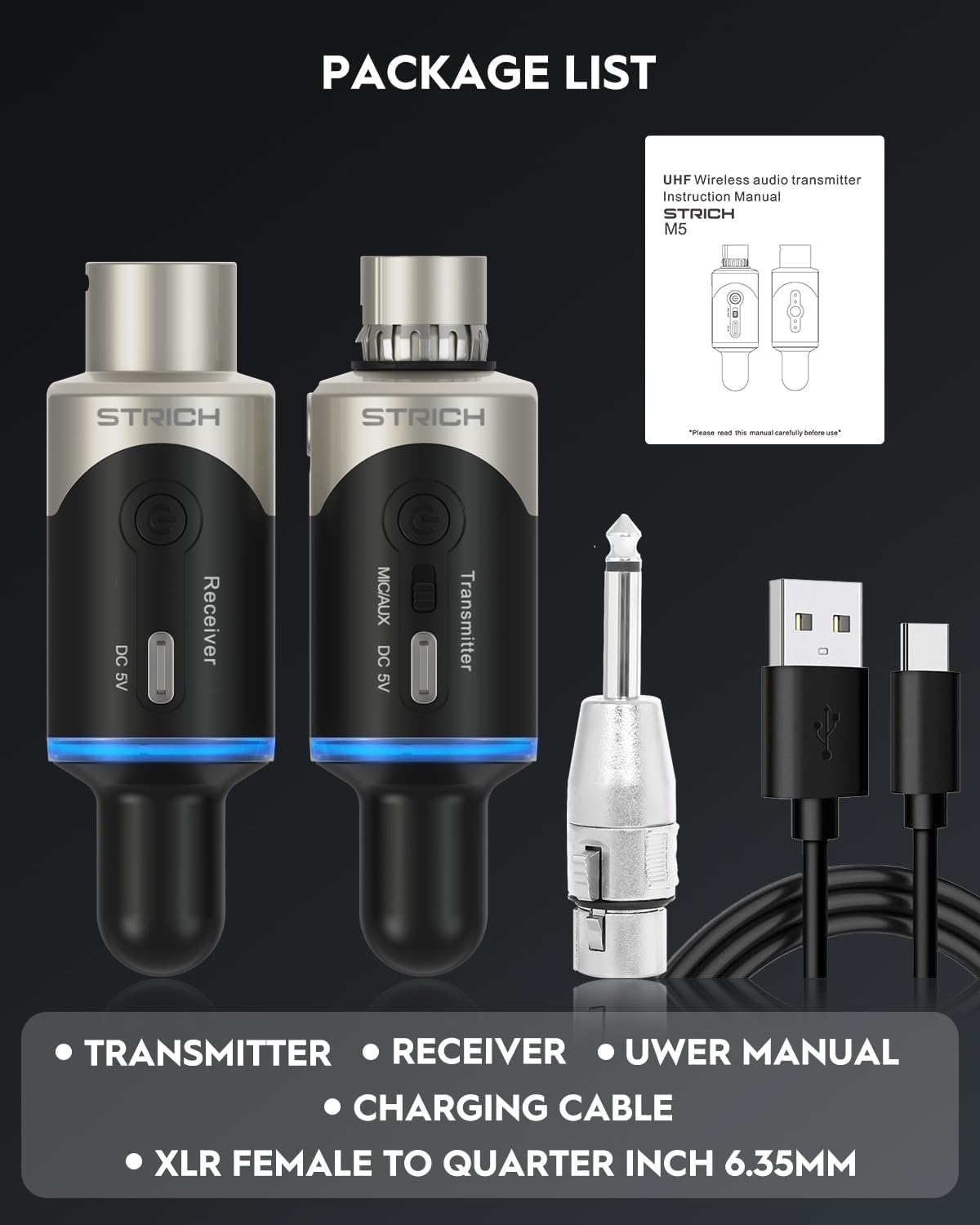 STRICH M5 UHF Draadloos XLR-microfoonsysteem, 4-kanaals zender en ontvanger voor dynamische microfoon, 61 m bereik, < 1 ms latentie, compatibel met audiomixer/PA-luidsprekers