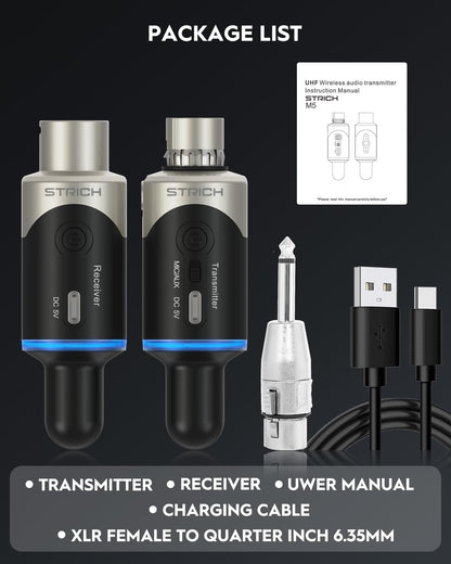 STRICH M5 UHF Draadloos XLR-microfoonsysteem, 4-kanaals zender en ontvanger voor dynamische microfoon, 61 m bereik, < 1 ms latentie, compatibel met audiomixer/PA-luidsprekers