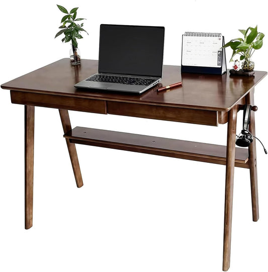 Massief Houten Bureau, Mid-Century Modern Design, Met 2 Lades en Onderplank, Ideaal voor Thuiskantoor (Okkernoot, 120 * 60)