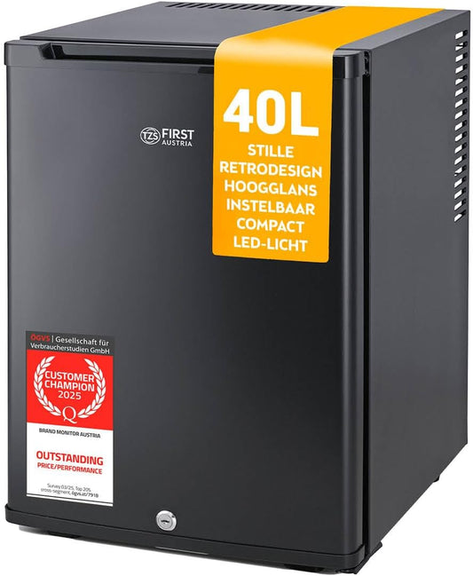 TZS First Austria - Mini Koelkast 40L stille en afsluitbare - Kleine Mini Koelkast, omkeerbaar deurscharnier en binnenverlichting - Minibar voor kamperen, kantoor, slaapkamer en hotel - Matzwart