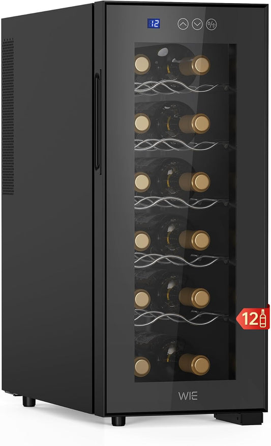WIE Wijnkoelkast 1 zone 33 liter 12 flessen drankkoelkast kleine wijnkoelkast mini met glazen deur volledig glazen designdeur met LED-touchpanel anti-UV