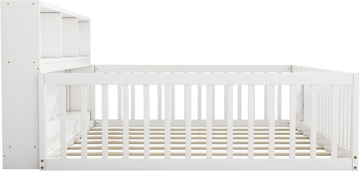 Children's Bed with Slatted Frame, Fall Protection, Rack and Fence, Youth Bed, Storage Room, Wooden Bed, Pine (White, 140 x 200 cm) - QUORE