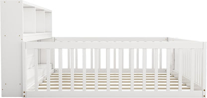 Children's Bed with Slatted Frame, Fall Protection, Rack and Fence, Youth Bed, Storage Room, Wooden Bed, Pine (White, 140 x 200 cm) - QUORE