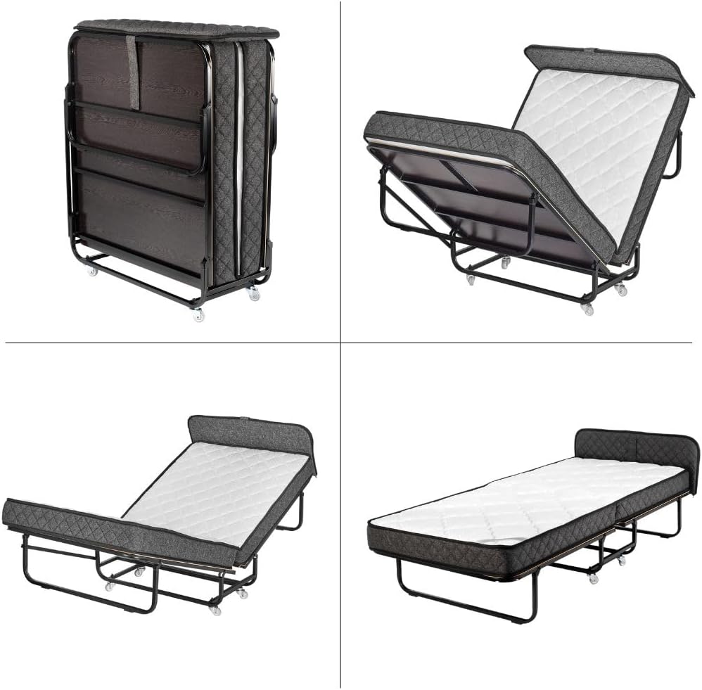 Edward Bed & Bath Opklapbaar logeerbed met wieltjes, 90 x 200 cm, 14 cm pocketveringmatras (middelhard), ruimtebesparend, stabiel en belastbaar, opklapbed, beige