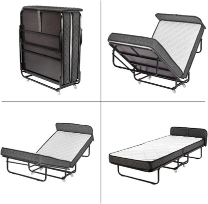 Edward Bed & Bath Opklapbaar logeerbed met wieltjes, 90 x 200 cm, 14 cm pocketveringmatras (middelhard), ruimtebesparend, stabiel en belastbaar, opklapbed, beige