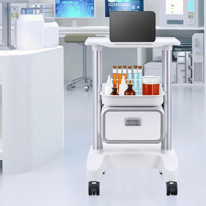 VEVOR Laboratoriumwagen met 2 niveaus, mobiele medische trolley met 1 lade en 1 bovenste plank, verzorgingswagen met ABS-materiaal, 4 stille wielen, voor laboratorium, kliniek, ziekenhuis, woonkamer,