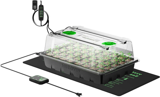 VIVOSUN 1 Pack 40-Cell Seed Starter Trays with 1 Set LED Lights and 10"x20.7" Seedling Heat Mat, 3.6 Inch Higher Coverage, Adjustable Vents, Drainage Holes, Green Grow Tray for It - QUORE