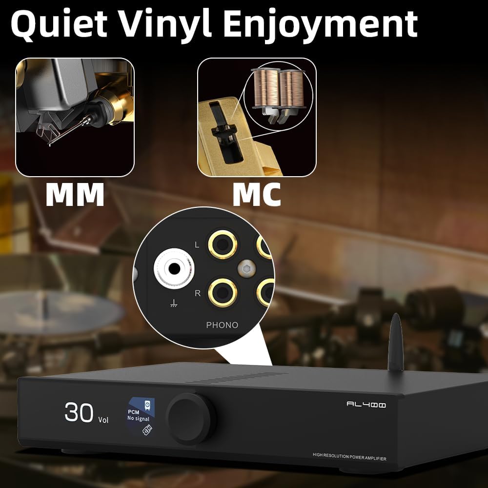 SMSL AL400 Alles-in-één hifi-decoder/voorversterker/Phono-eindversterker, CS43131-chip, voor MM- en MC-cartridge, RCA/BT/USB/Opt/Coax/HDMI eARC/Phono-versterkeringang, voor draaitafel/tv