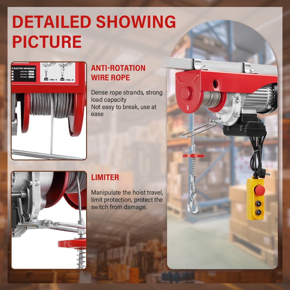 TEENO Elektrische takel 1200 W, overbelasting lift elektrische lier 220 V, enkele en dubbele ophanging 300 kg/600 kg, 6 m/min |12 m/min rood