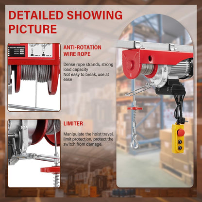 TEENO Elektrische takel 1450 W 20 m, overbelasting lift elektrische lier 220 V, enkele en dubbele ophanging 400 kg/800 kg, 6 m/min |12 m/min rood