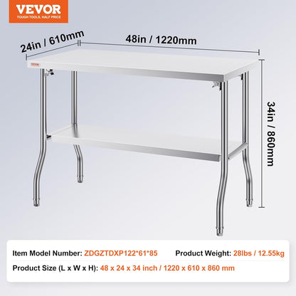 VEVOR Werktafel Keukentafel, 1220 x 610 x 850 mm Roestvrij Stalen Werktafel, Zilver Commerciële Werktafel, Gebruikt in de Gezinskeuken, Garage, Commerciële Keuken, Restaurant, Koffieshop, Laboratorium