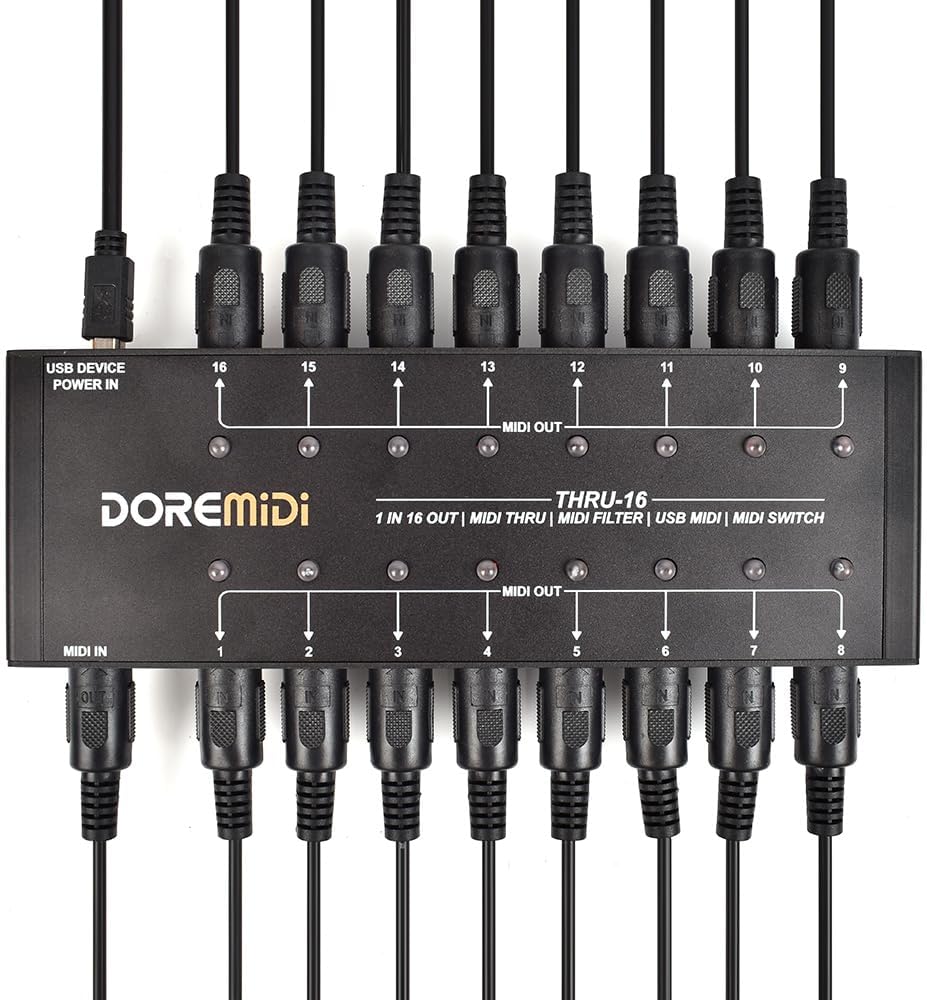 MIDI-Thru Box – MIDI Splitter – MIDI Verdeler – MIDI Router – MIDI Patchbay – 16 Uitgangen – 1 MIDI-Ingang Naar 16 MIDI-Uitgangen – Per Uitgang Instelbare Filtering