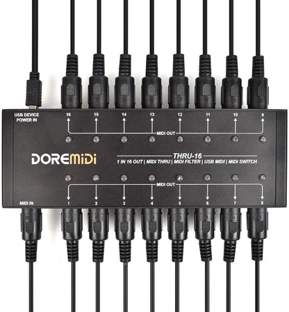 MIDI-Thru Box – MIDI Splitter – MIDI Verdeler – MIDI Router – MIDI Patchbay – 16 Uitgangen – 1 MIDI-Ingang Naar 16 MIDI-Uitgangen – Per Uitgang Instelbare Filtering