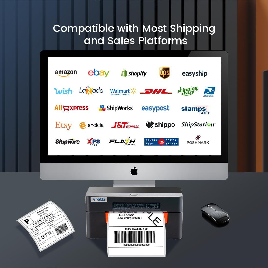 vretti WiFi Verzendlabelprinter, thermische labelprinter, 4 x 6, draadloze thermische printer voor verzendpakketadressen, kleine bedrijven, compatibel met Etsy, Shopify, Ebay, Amazo