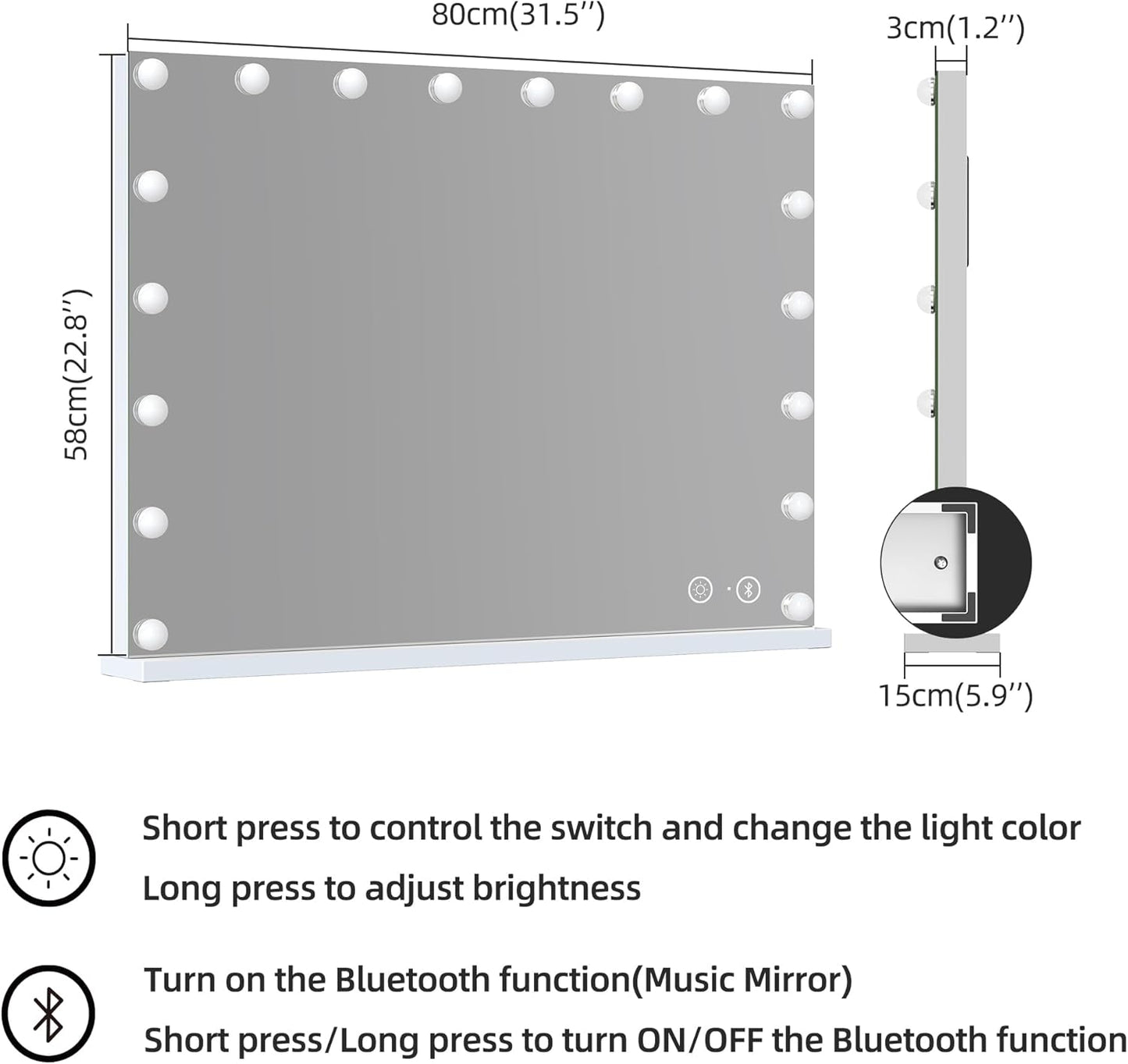 Hansong Bluetooth Make-up Spiegel met verlichting 18 LED-lamp Dresse Spiegel Hollywood Spiegel met USB oplaadpoort 3 kleurtemperaturen grote make-upspiegel voor tafelspiegels of wandspiegel