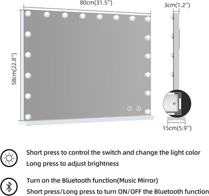 Hansong Bluetooth Make-up Spiegel met verlichting 18 LED-lamp Dresse Spiegel Hollywood Spiegel met USB oplaadpoort 3 kleurtemperaturen grote make-upspiegel voor tafelspiegels of wandspiegel