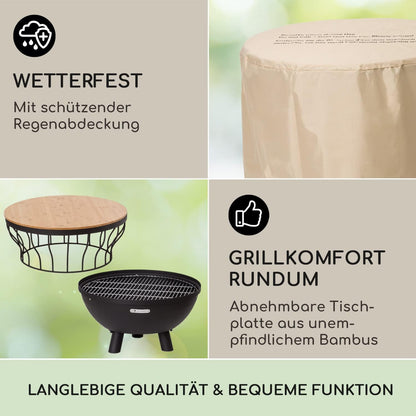 blumfeldt Vuurplaats voor tuin, draagbare vuurplaats met barbecue, outdoor reizen, circulaire vuurschaal, grillrooster met bamboe deksel en stalen kom, barbecuetafelset voor camping en terras,