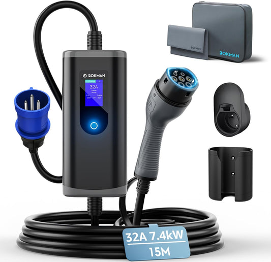 Elektrische Autolader Type 2 – EV Oplader – Mobiel Laadstation – Wallbox – Laadkabel – Driefasig 7 kW – Verstelbare Stroom 6-16A – 15 Meter Kabel