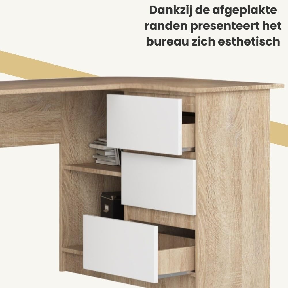 AKORD Corner Desk B-16 with 3 Drawers and 2 Shelves, Corner Desk for Home Office, L124 x H77 x D85, 48 kg, Sonoma Oak and White Front - QUORE