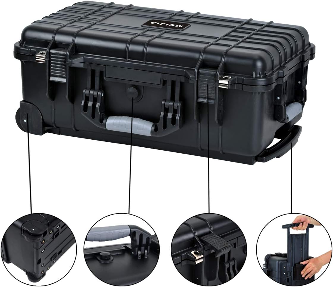 MEIJIA All Weathe waterdichte harde hoes met intrekbare trekgreep en rollende wielen, aanpasbare pasvorm schuim ingevoegd, geschikt voor camera, drones, apparatuur, elegant zwart, Zwart, 22"X13.81"X9