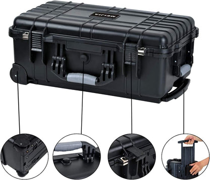 MEIJIA All Weathe waterdichte harde hoes met intrekbare trekgreep en rollende wielen, aanpasbare pasvorm schuim ingevoegd, geschikt voor camera, drones, apparatuur, elegant zwart, Zwart, 22"X13.81"X9