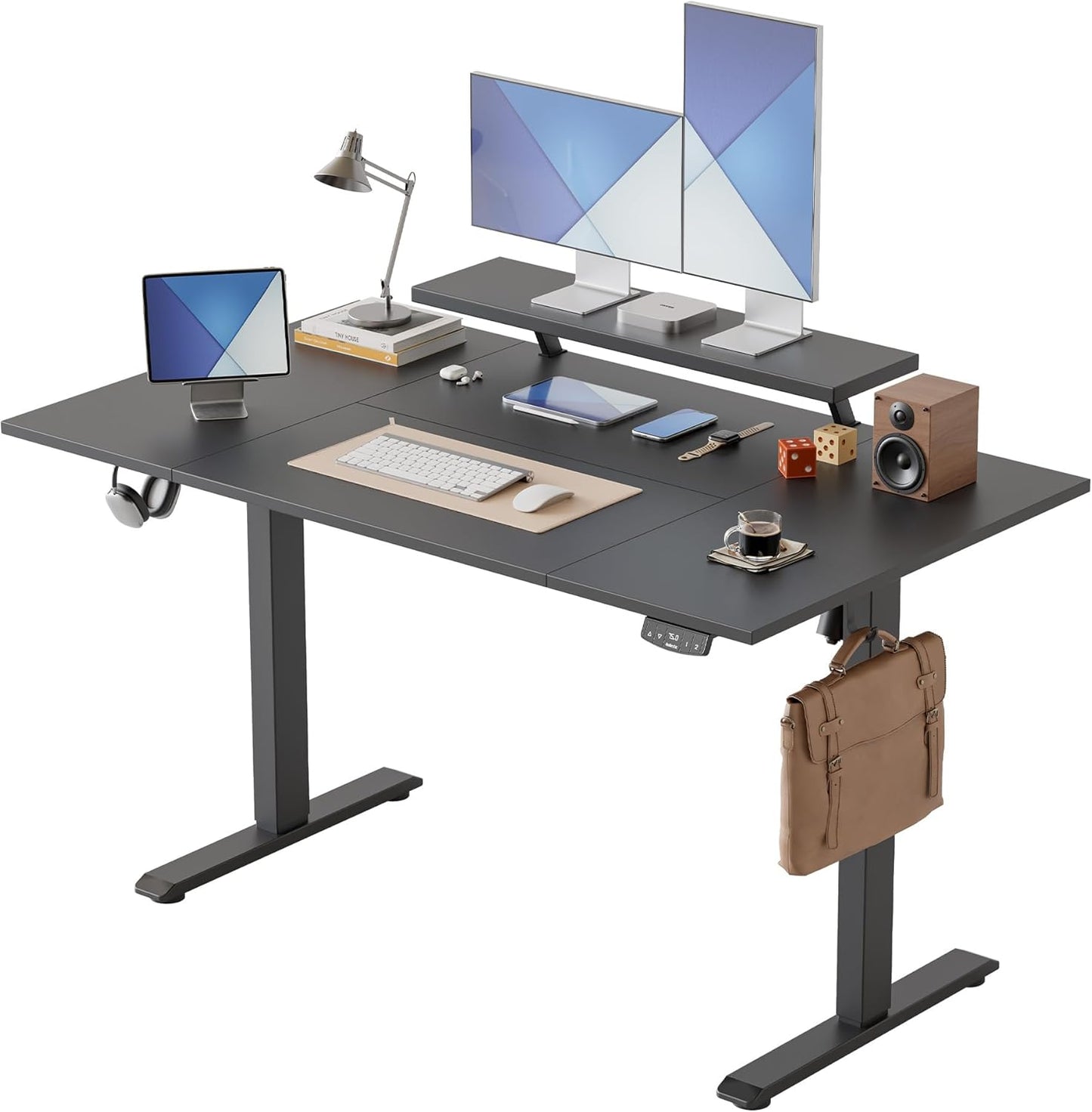 Agilestic Elektrisch in hoogte verstelbaar bureau, 140 x 80 cm, met beweegbare monitorstandaard, sta bureau met 2 geheugentoetsen, 4-delig tafelblad, thuiskantoorbureau, zwart