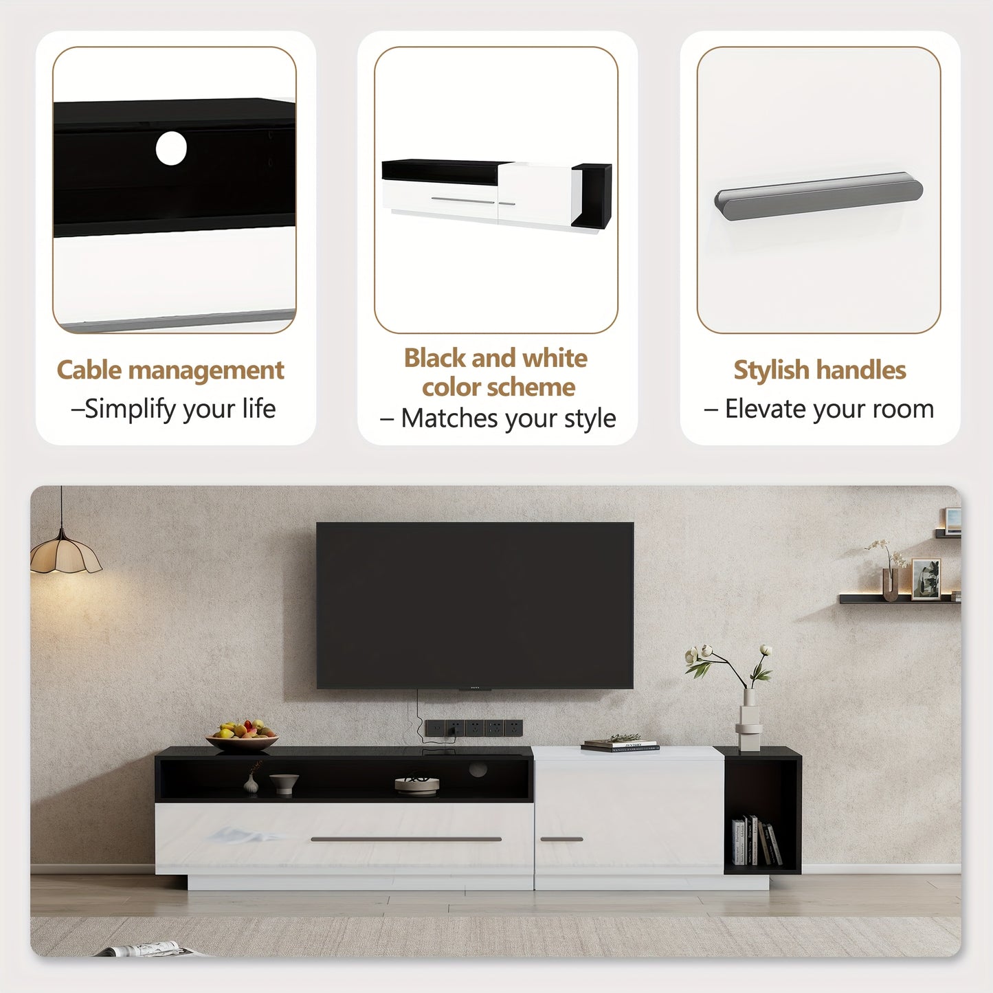 TV Meubel – Hoogglans TV Kast – Lowboard – TV Dressoir – Tv Kastje – Licht Wit + Zwart – 170 Cm Breed – Geschikt Voor TV Tot 70 Inch