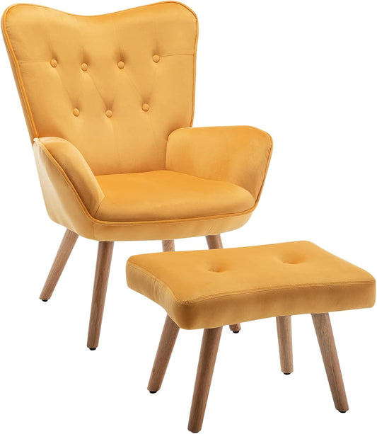 HollyHOME Comfortabele Fauteuil met Voetenbank Salonstoel Fluwelen Accentstoelen Gezellige Ontspanningsstoelen Leesstoel Slaapkamer, Geel
