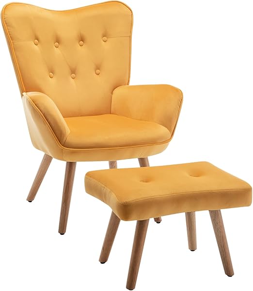 HollyHOME Armchair with Footrest, Velvet Reading Chair, Lounge Chair, Bedroom, Reclining Chair, Armrests, Chair, Yellow - QUORE