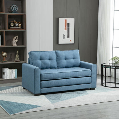 Slaapbank – 2-Zitsbank – Bedbank – Uitklapbank – Zetelbed – Linnen Look Stof – Inklapbaar – Rubberen Houten Frame – Blauw – Compact 147,5x75x85 cm