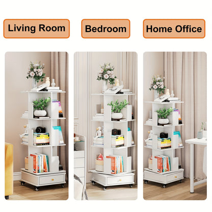 Boekenkast – Boekenrek – Opbergkast – Draaibare Kast – Mobiele Boekenkast – 3-laags met Lade – 360° Draaibaar met Vergrendelbare Wielen – Duurzaam Hardhout, Compact & Ruimtebesparend