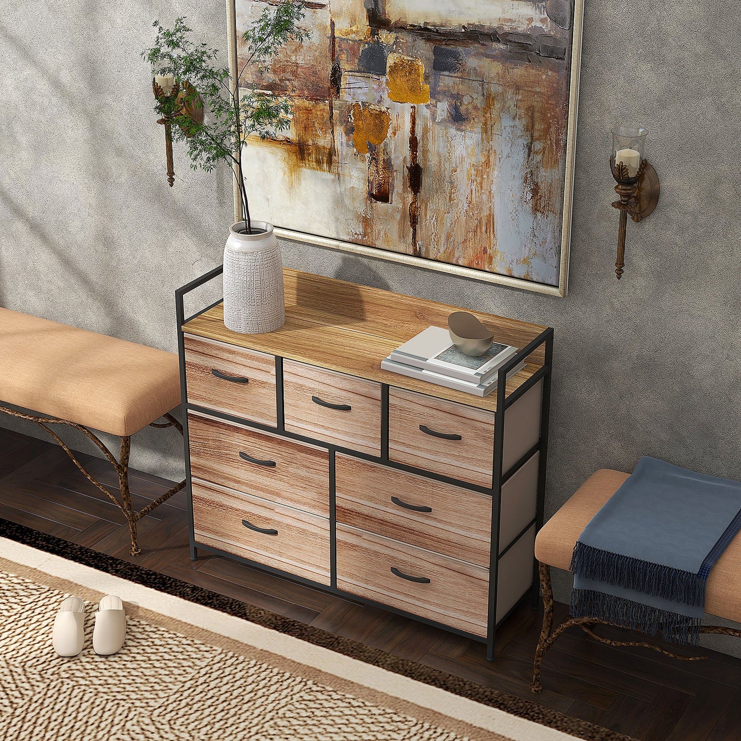 Opbergkast – Opbergmeubel – Kledingkast – Ladenkast – Stoffen lades – Zwart metalen frame – 7 inklapbare stoffen lades – Afm. 98x29x85 cm – Natuurlijke kleuren – Verstelbare poten