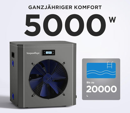 5 KW Elektrische zwembadwarmtepomp voor opbouwzwembad, zwembadverwarming, warmtepomp, zwembad tot 20.000 l, 20 m³, wifi-bediening, 220 V, 240 V, 50 Hz