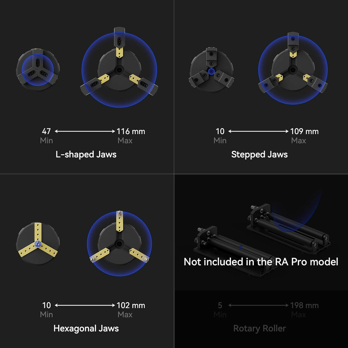SCULPFUN RA Pro Roterende lasergraveerrol met 3 bekken, 3-in-1 multifunctionele boorhouder voor lasergravure van cilindrische onregelmatige ronde voorwerpen