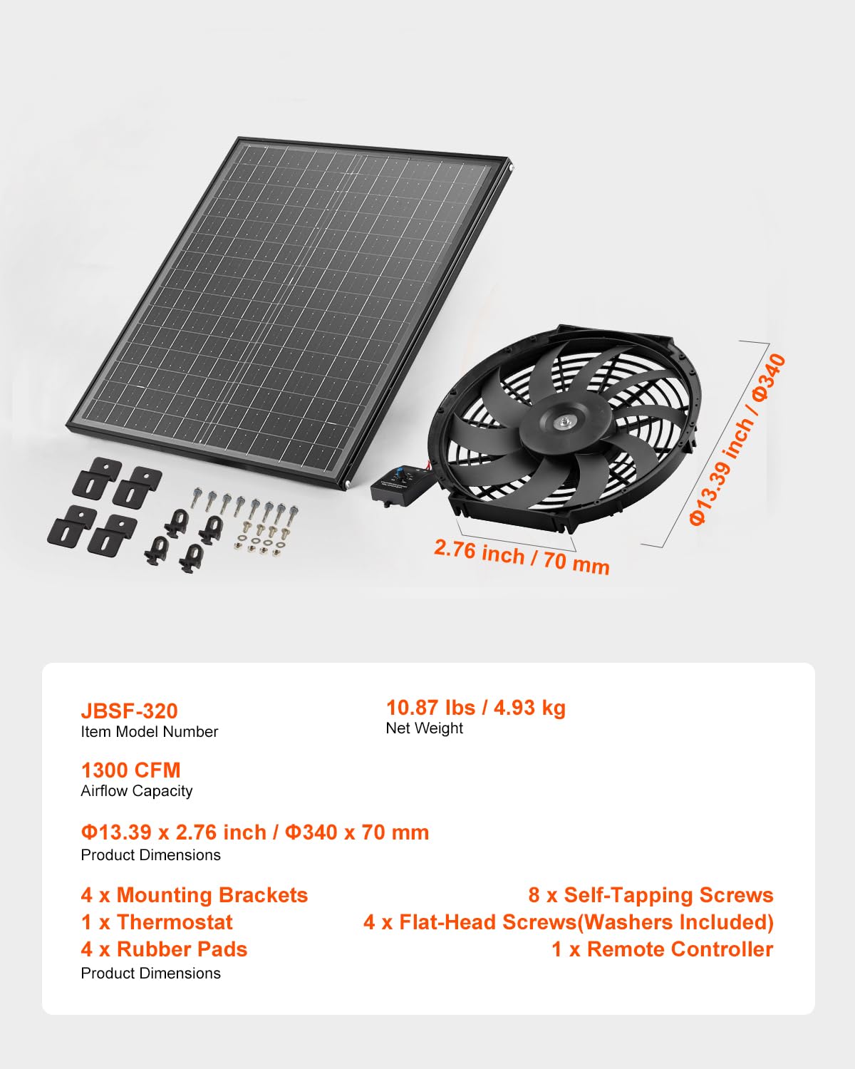 VEVOR Ventilator, op zonne-energie, ventilatie, diameter 340 x 70 mm, dakafvoerventilator met instelbare thermostaat, buitenrooster, 1300 CFM luchtstroomcapaciteit, voor gevel, dak, garage, werkplaats