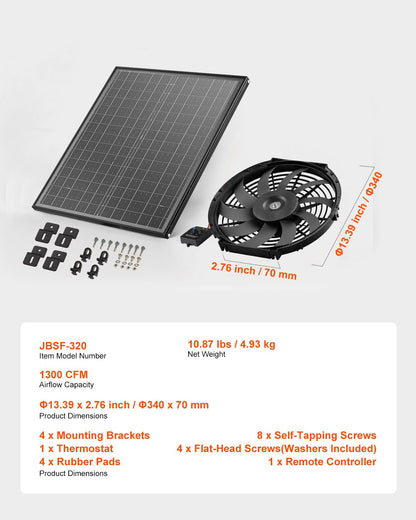 VEVOR Ventilator, op zonne-energie, ventilatie, diameter 340 x 70 mm, dakafvoerventilator met instelbare thermostaat, buitenrooster, 1300 CFM luchtstroomcapaciteit, voor gevel, dak, garage, werkplaats