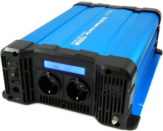 solartronics Spanningsomvormer FS1500D 12V 1500/3000 Watt Pure Sinus BLAUW m. Display FS Serie LiFePO4 / lithium, lood-, gel of AGM-batterij compatibel inverter omvormer
