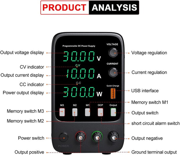 Wanptek - Power supply - Inverter - Adjustable voltage regulator 30V 220V - 10A - For telephone repair - Regulated lab table - DC power supplies - Black