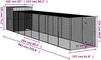 vidaXL Chicken coop with run 165x866x181cm galvanized steel gray - QUORE