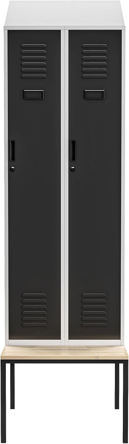 Jan Nowak Cabinet, Metal Locke with Dining Table Bench | Powder Coated, Ventilation Openings | Internal Lockers with Key | Cloakers, Dressing Rooms | 230cm x 60cm x 85cm | Grey-Anthracite - QUORE