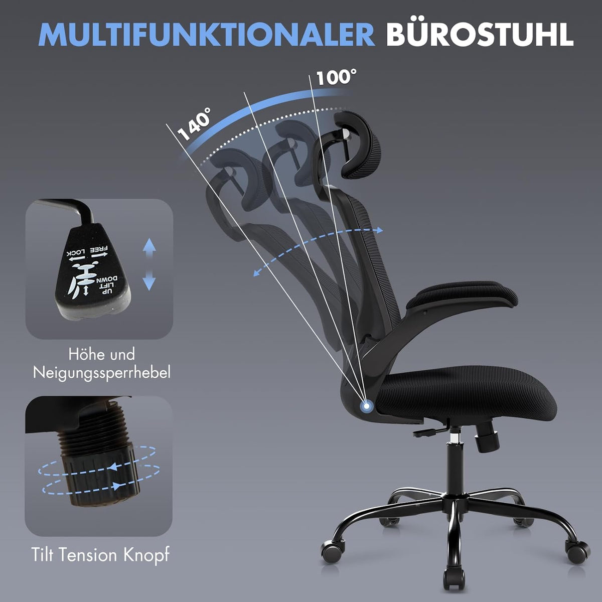 Ergonomische Bureaustoel – Office Chair – Werkstoel – Computerstoel – Desk Chair – Verstelbare Hoofdsteun en Lendensteun – Ademend Mesh Met 140 Graden Kantelfunctie