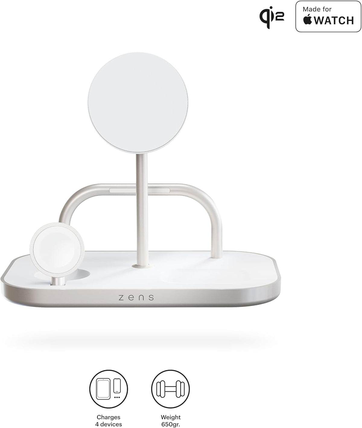 Zens 4-in-1 Wireless Charger, MagSafe en Qi 15W Wireless Charger voor iPhone/Apple Watch/AirPods, Inclusief 65W Voedingsadapter (EU/UK/US) en 1,5M Geïntegreerde Kabel, Wit