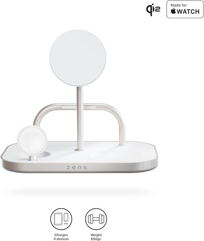 Zens 4-in-1 Wireless Charger, MagSafe en Qi 15W Wireless Charger voor iPhone/Apple Watch/AirPods, Inclusief 65W Voedingsadapter (EU/UK/US) en 1,5M Geïntegreerde Kabel, Wit