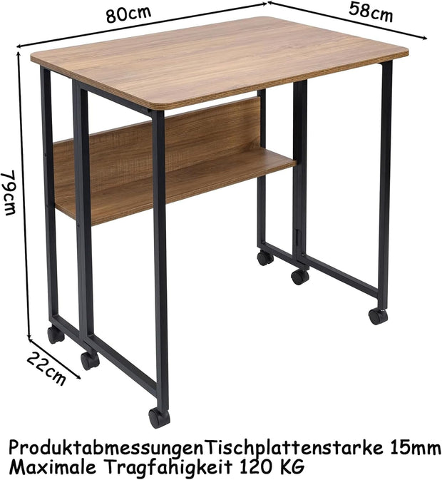 Computertafel - Computerbureau - Laptoptafel - Inklapbaar Kleine Tafel - Werktafel - Bijzettafel - met Wieltjes - Opvouwbare - IndustriëLe Stijl - voor - Thuis - Kantoor - 80 x 58 x 79 cm - Notenhout Verf